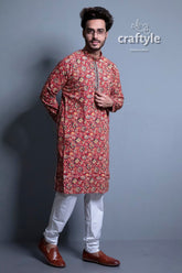 Syrup Brown Kalamkari Mens Kurta Pajama - Craftyle