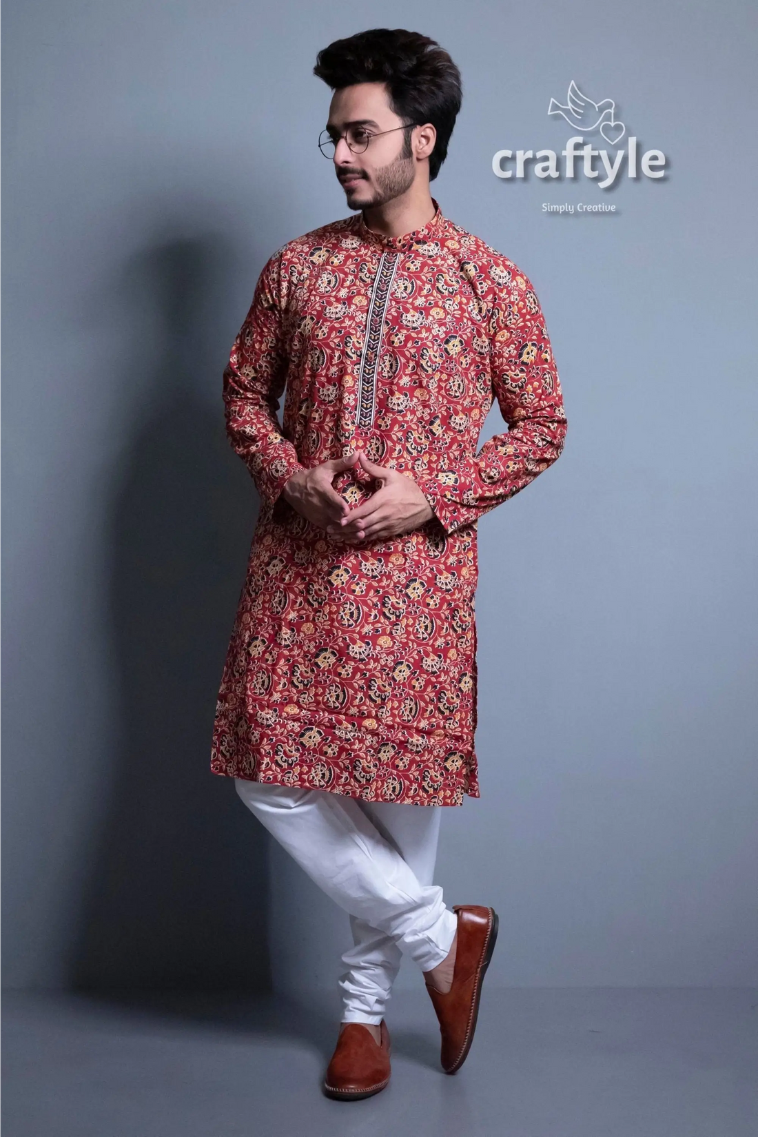 Syrup brown kalamkari mens kurta pajama floral patterned kurta white pants brown 1