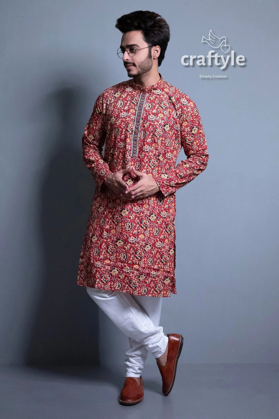 Syrup brown kalamkari mens kurta pajama floral-patterned kurta white pants brown 1