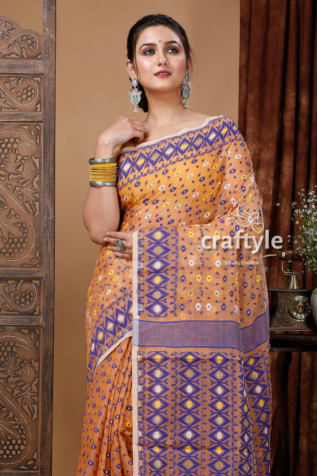 Tacao orange and Blue Elegant Jamdani Saree for Women - Craftyle