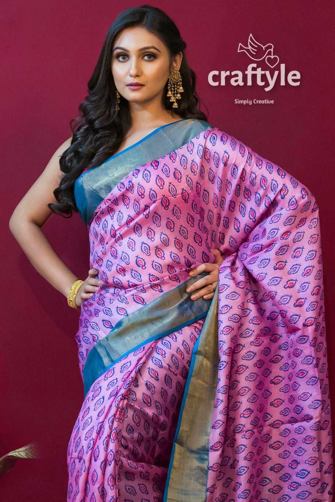 Taffy Pink Block Printed Zari Border Pure Tussar Silk Saree - Craftyle