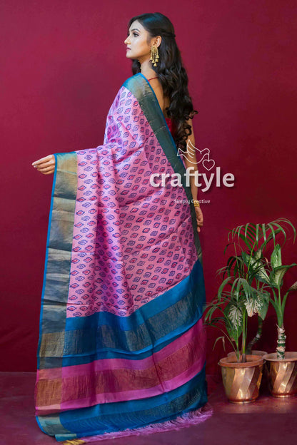 Taffy Pink Block Printed Zari Border Pure Tussar Silk Saree - Craftyle