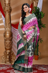 Taffy Pink Hand Block Printed Zari Pure Tussar Silk Bishnupuri Sarees - Craftyle