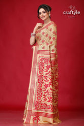 Tan and Red Floral Design Elegant Silk Kantha Saree-Craftyle