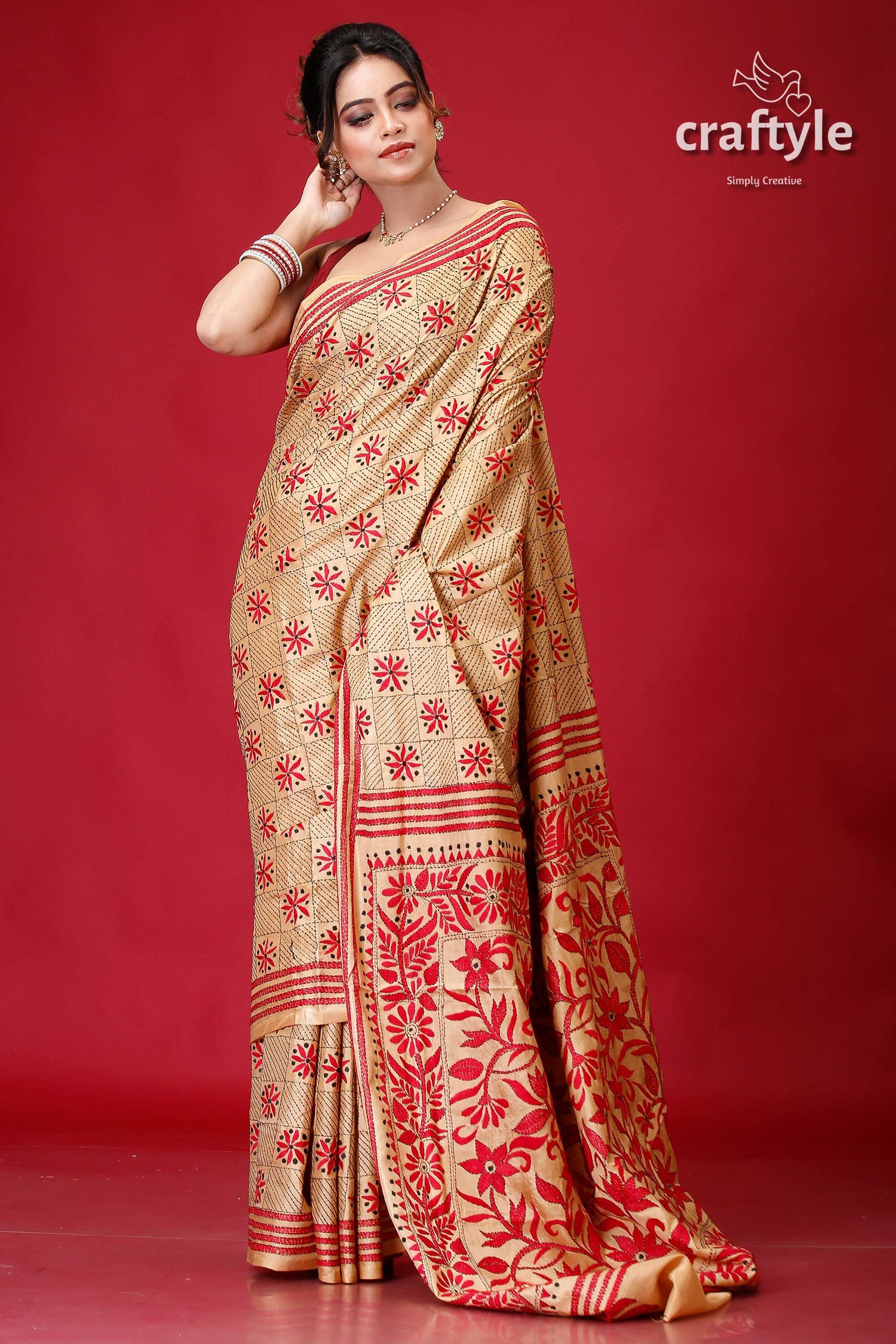Tan and Red Floral Design Elegant Silk Kantha Saree-Craftyle