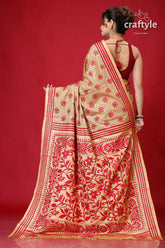 Tan and Red Floral Design Elegant Silk Kantha Saree-Craftyle