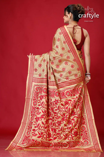Tan and Red Floral Design Elegant Silk Kantha Saree-Craftyle