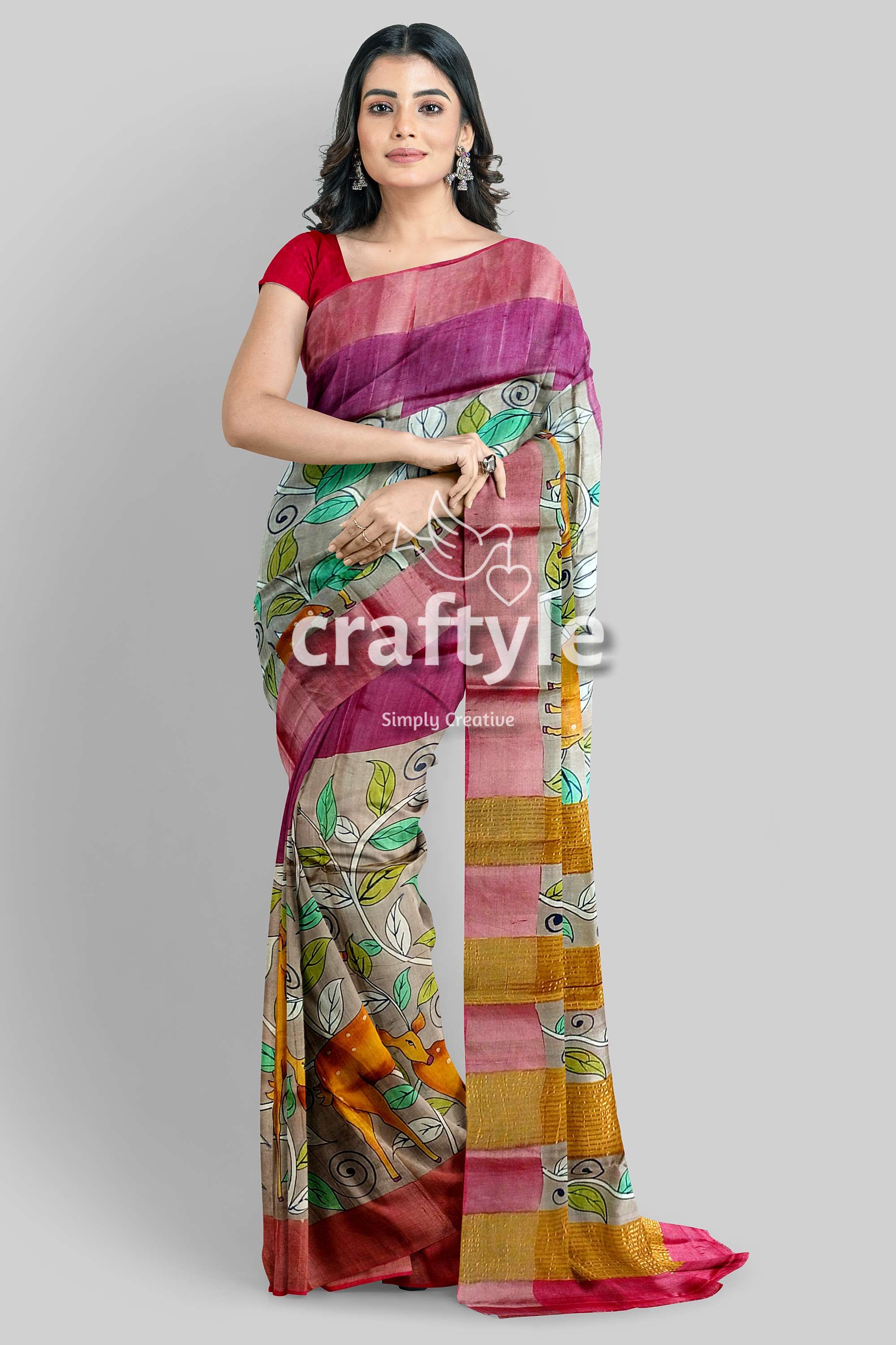 Tan Color Authentic Hand Painted Kalamkari Zari Border Pure Tussar Silk Saree - Craftyle