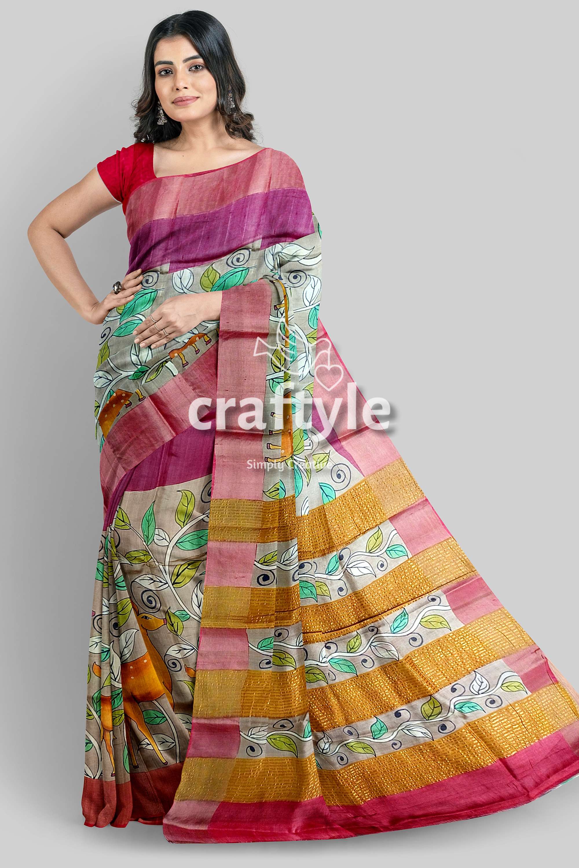 Tan Color Authentic Hand Painted Kalamkari Zari Border Pure Tussar Silk Saree - Craftyle