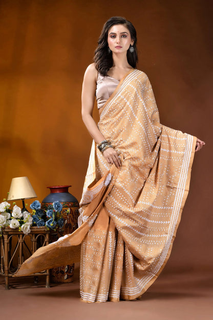 Tan floral motif handcrafted kantha embroidery silk saree woman wears beige silk saree 5