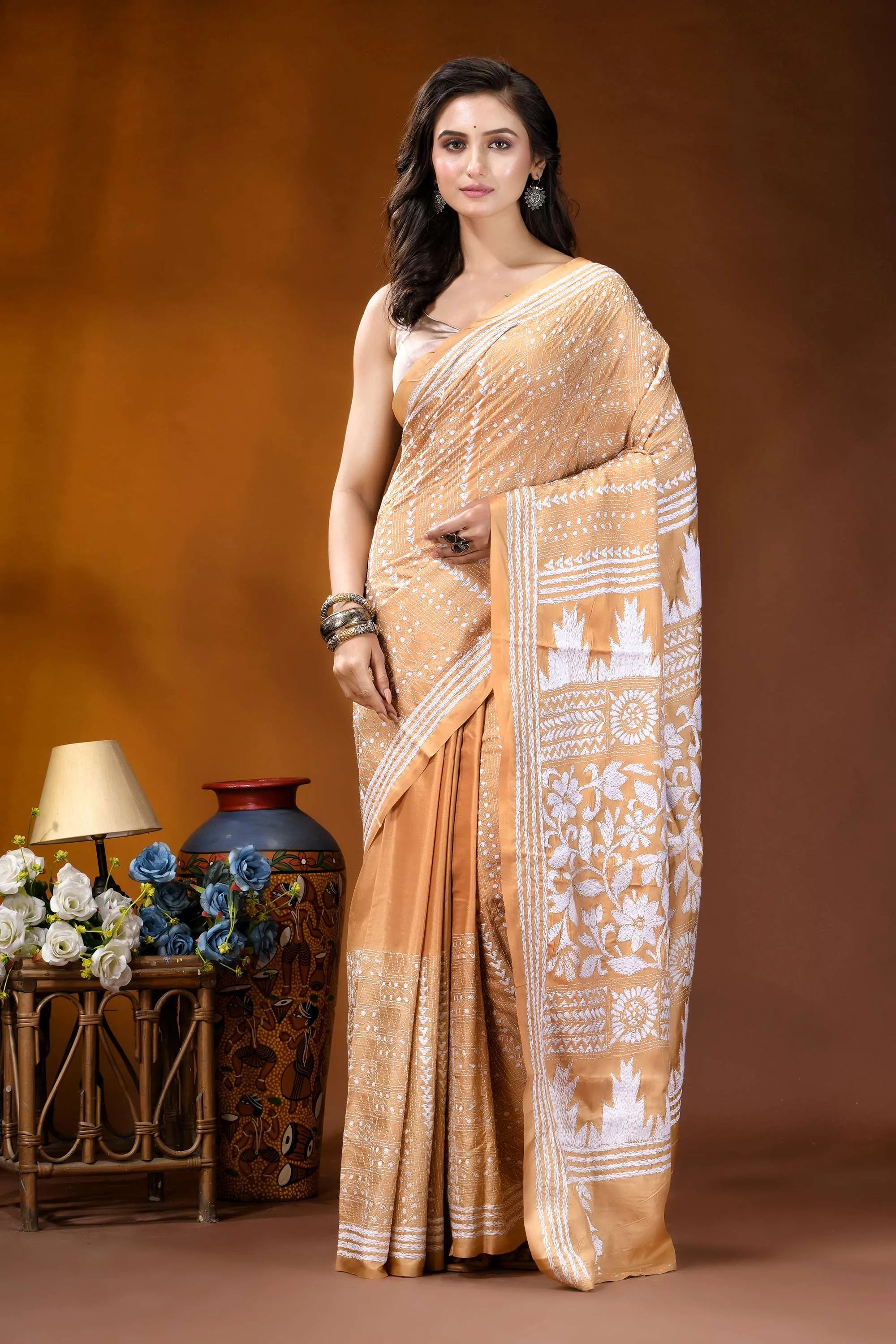 Tan floral motif handcrafted kantha embroidery silk saree woman wears beige saree intricate 6