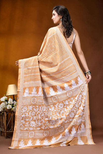 Tan floral motif handcrafted kantha embroidery silk saree woman wears beige white patterned 4