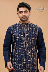 Tangaroa Blue Beige Warli Work Kantha Cotton Panjabi for Men - Craftyle