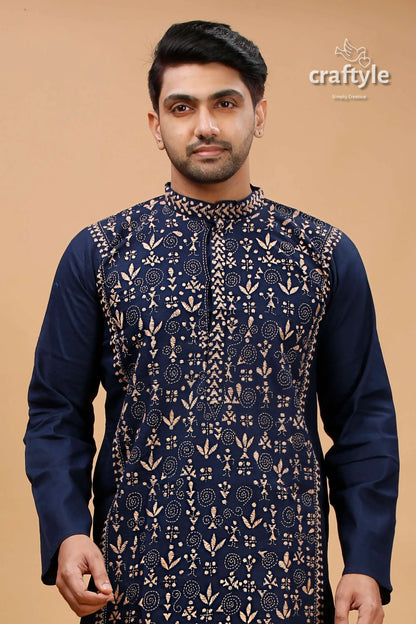 Tangaroa Blue Beige Warli Work Kantha Cotton Panjabi for Men - Craftyle