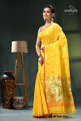 Tangerine yellow artisanal soft cotton jamdani sari - handwoven yellow saree floral design border 3