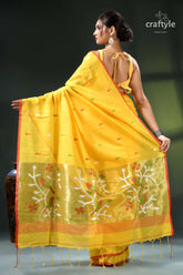 Tangerine yellow artisanal soft cotton jamdani sari - handwoven yellow embroidered cotton saree floral 5