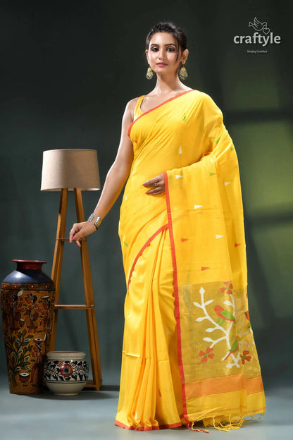 Tangerine yellow artisanal soft cotton jamdani sari - handwoven yellow saree floral design golden 6