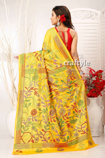 Tangerine Yellow Multicolor Floral Artisanal Silk Kantha Saree - Craftyle
