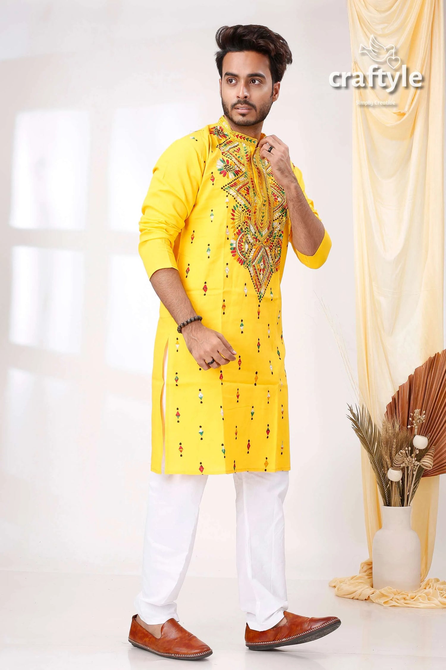 Tangerine yellow multithread design kantha work men’s kurta bright embroidered intricate 4