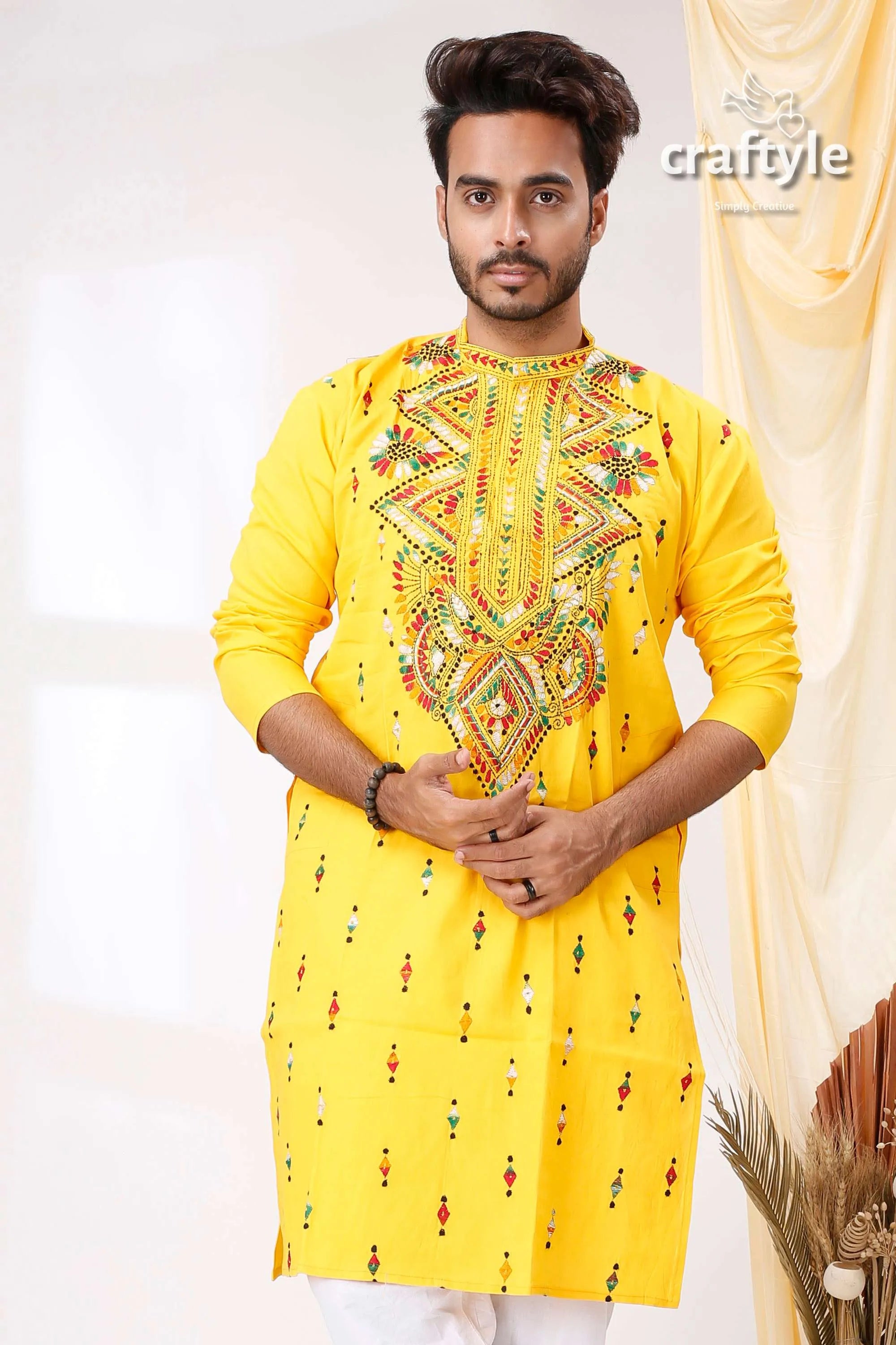 Tangerine yellow multithread design kantha work men’s kurta bright traditional intricate 2