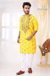 Tangerine yellow multithread design kantha work men’s kurta bright embroidered intricate 1