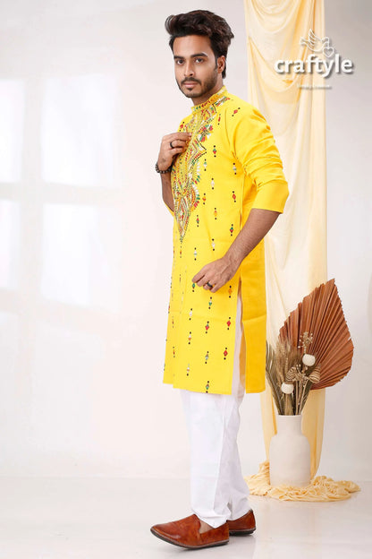 Tangerine yellow multithread design kantha work men’s kurta bright embroidered intricate 3