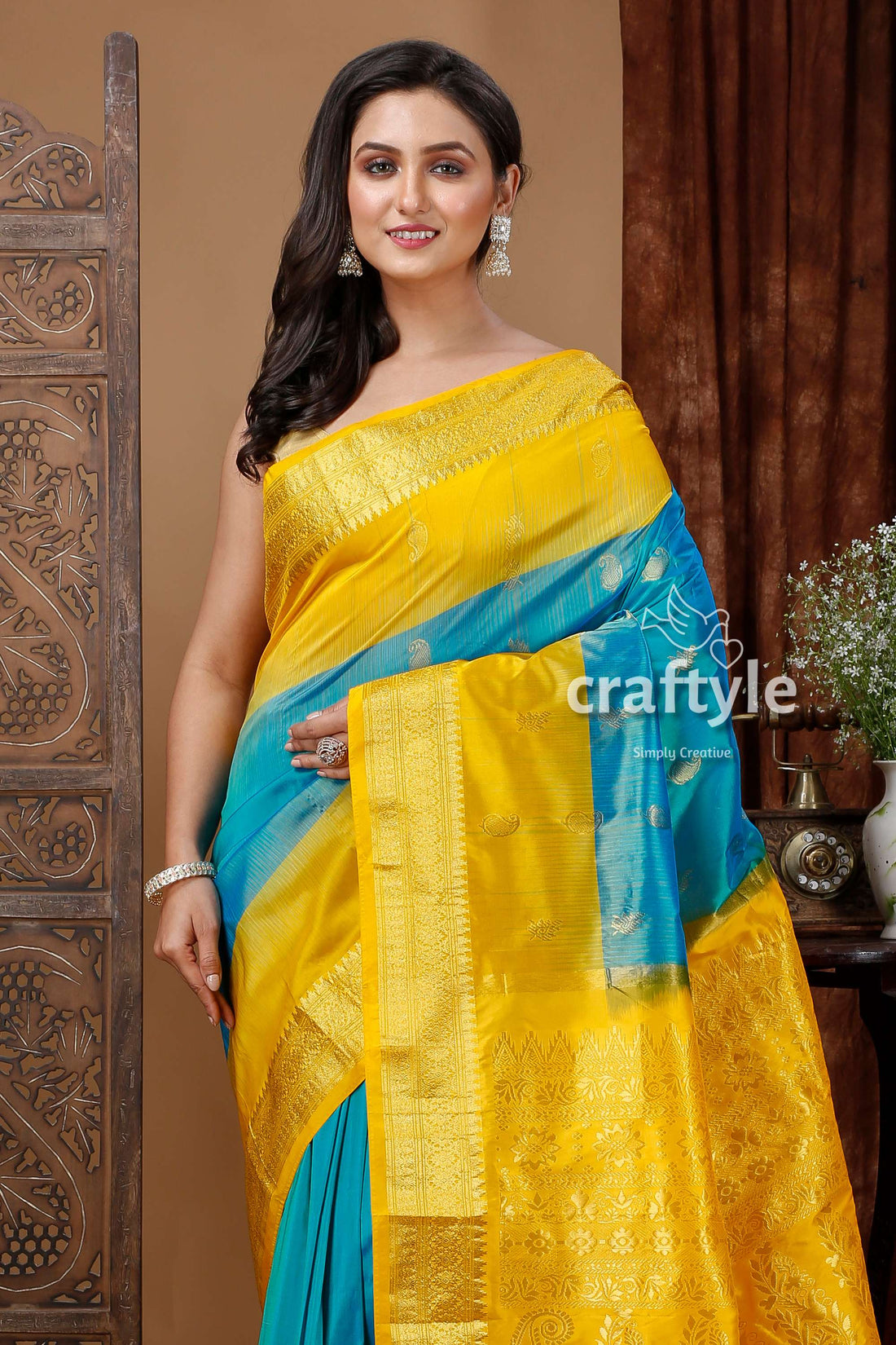 Teal Blue and Golden Yellow Kanjivaram Silk Saree - Craftyle