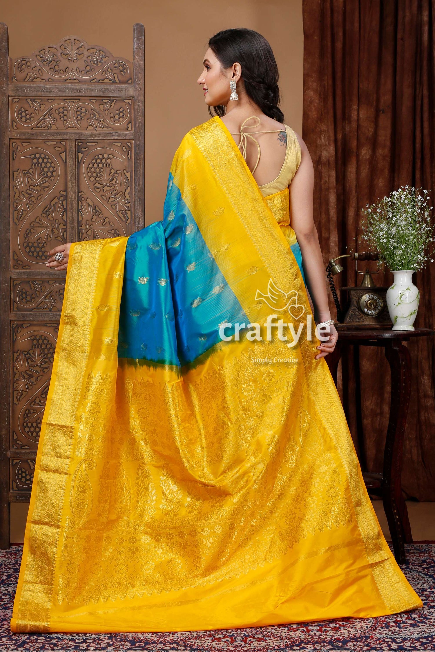 Teal Blue and Golden Yellow Kanjivaram Silk Saree - Craftyle