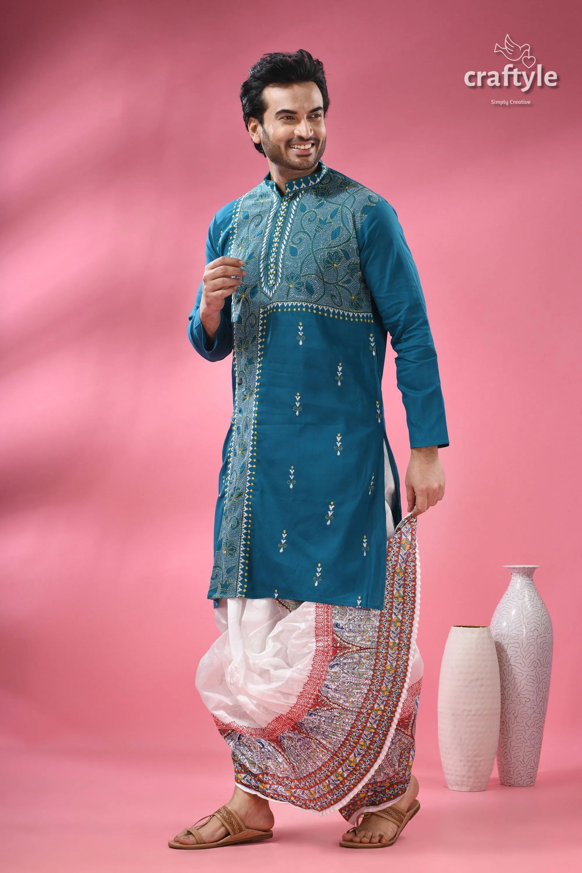 Teal blue cotton kantha stitch kurta for men men’s embroidered 5