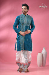Teal blue cotton kantha stitch kurta for men men’s intricate 6