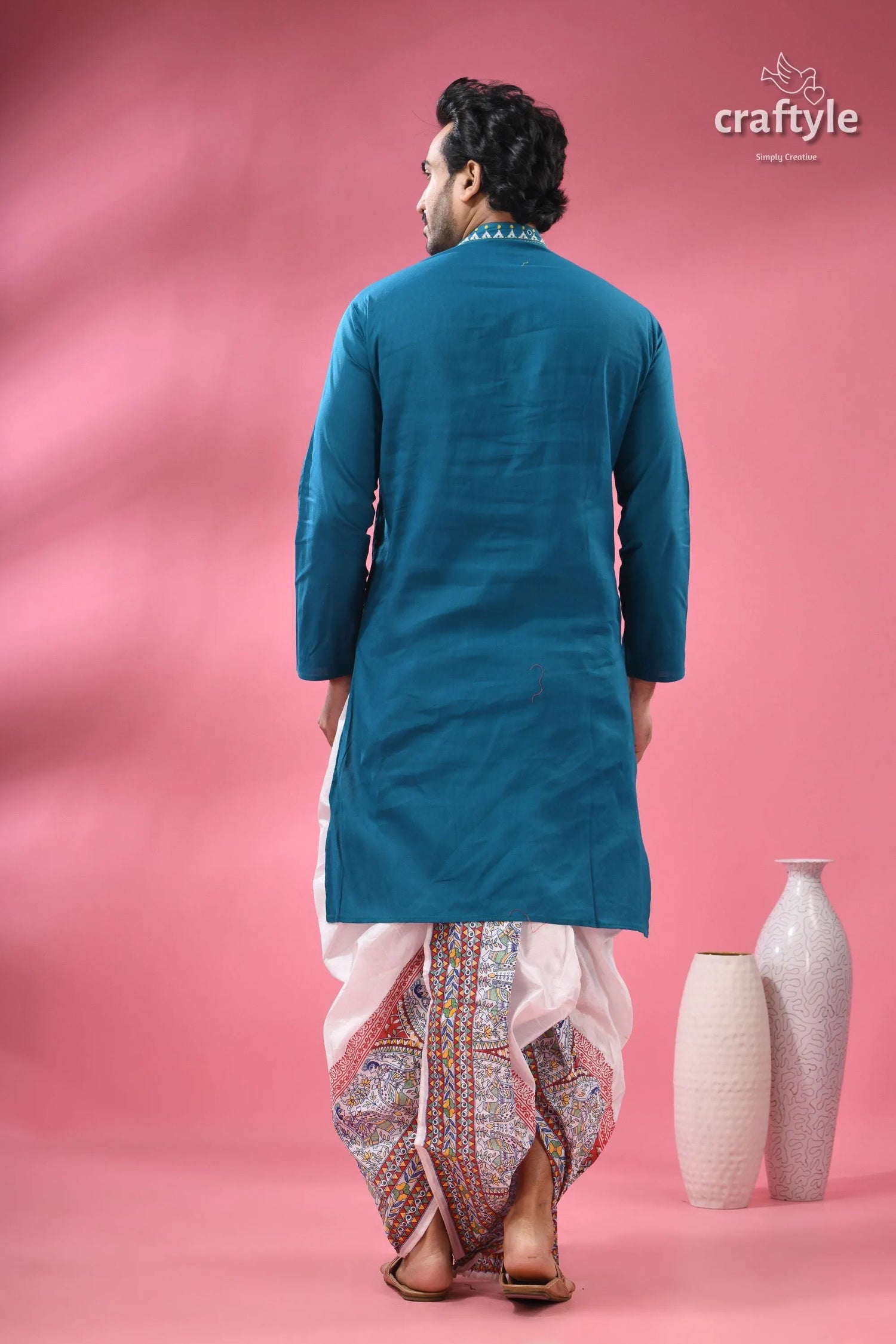 Teal blue cotton kantha stitch kurta for men man white patterned 7