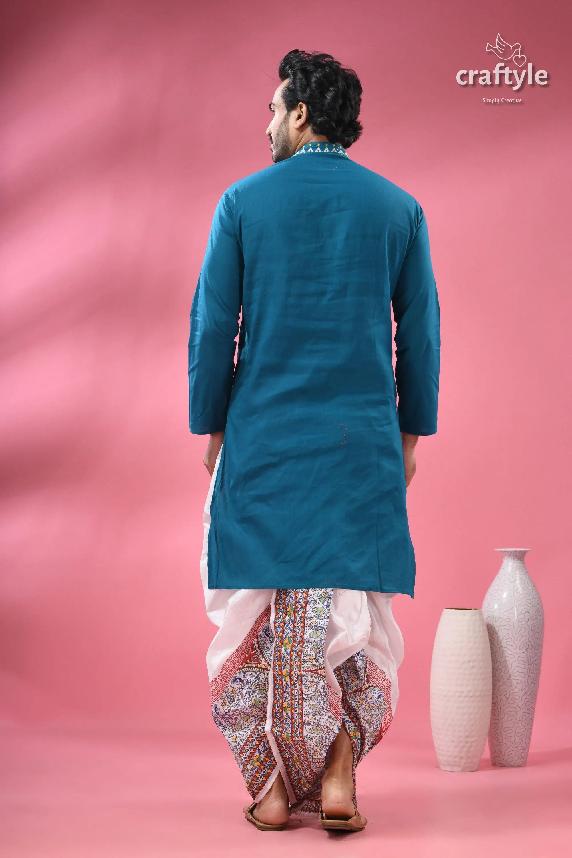 Teal blue cotton kantha stitch kurta for men man white patterned 7