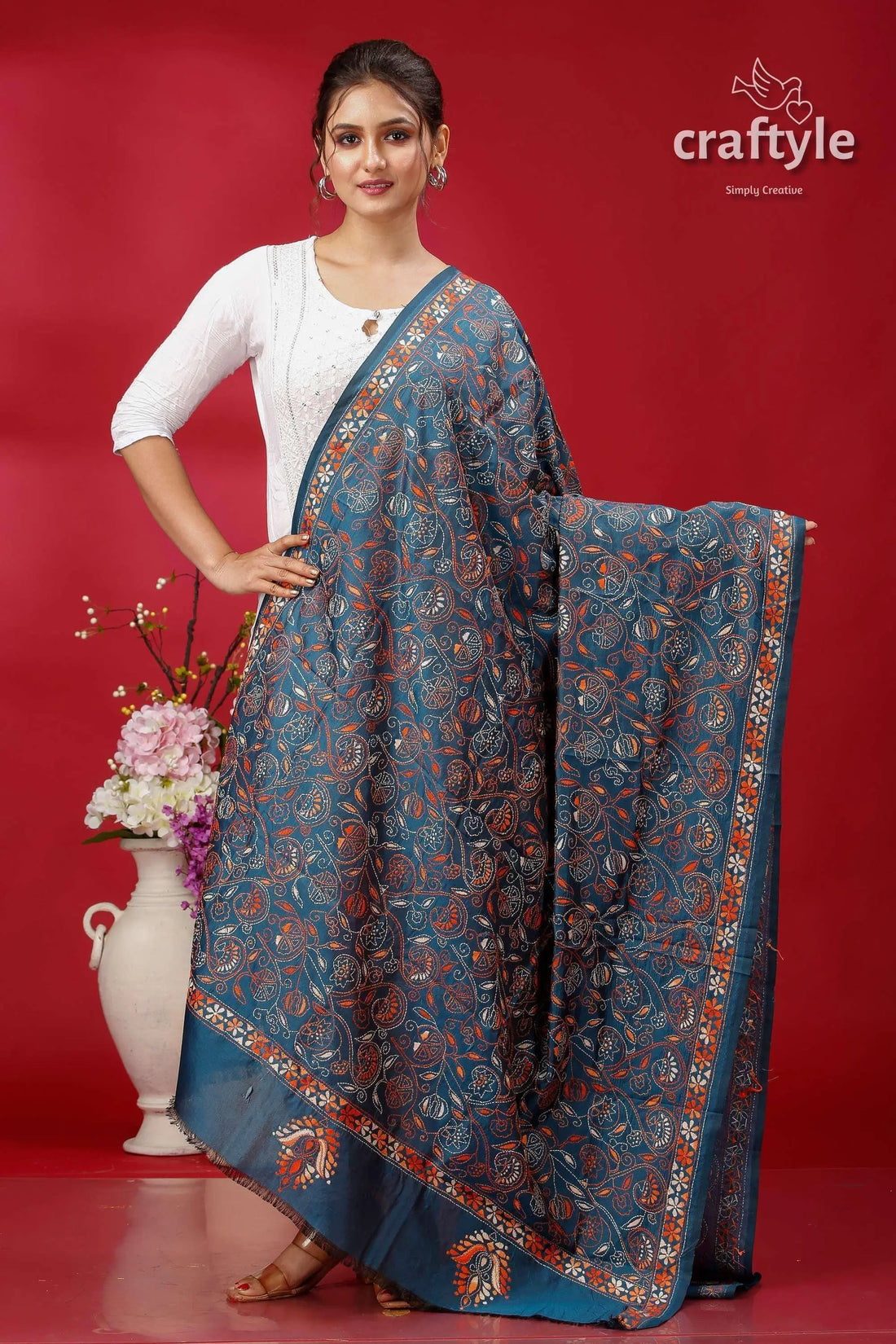 Teal blue hand embroidered silk kantha dupatta - multithread design blue black floral saree white 1