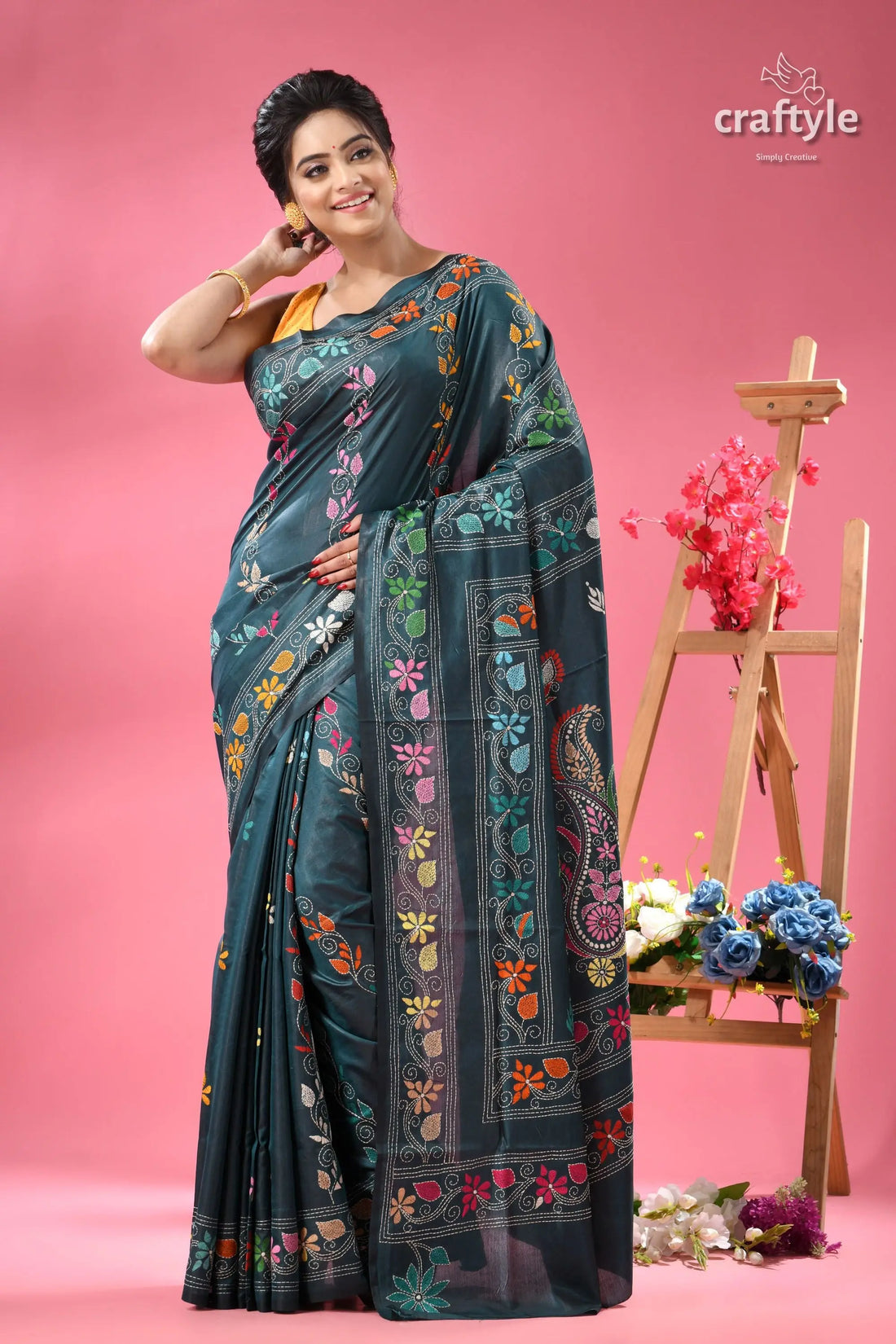 Teal blue multi-thread silk kantha saree woman dark teal saree colorful 1