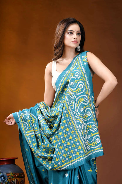 Teal blue multicolor paisley motif handcrafted kutch embroidered silk saree teal yellow patterned silk saree 2