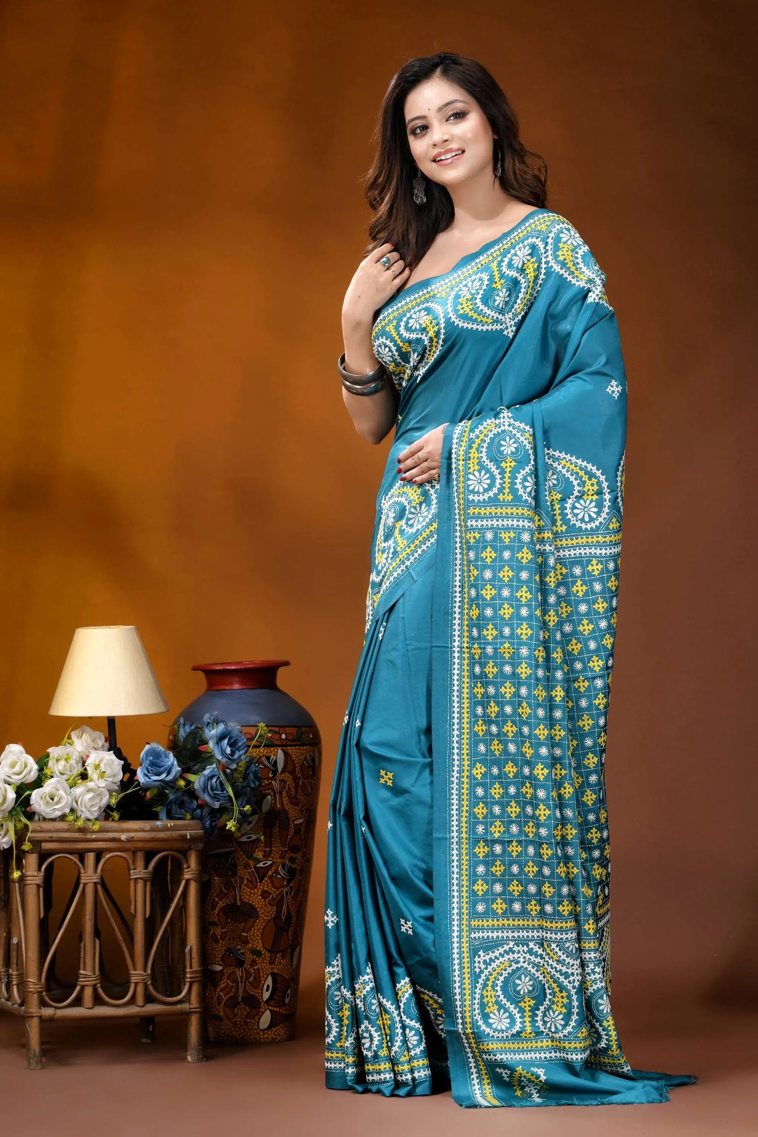 Teal blue multicolor paisley motif handcrafted kutch embroidered silk saree teal silk saree intricate white 3