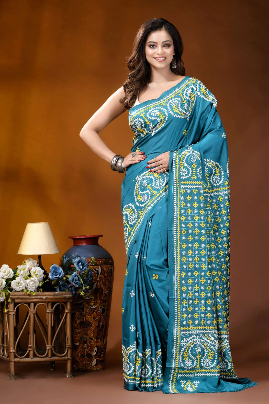Teal blue multicolor paisley motif handcrafted kutch embroidered silk saree teal silk saree adorned intricate 1