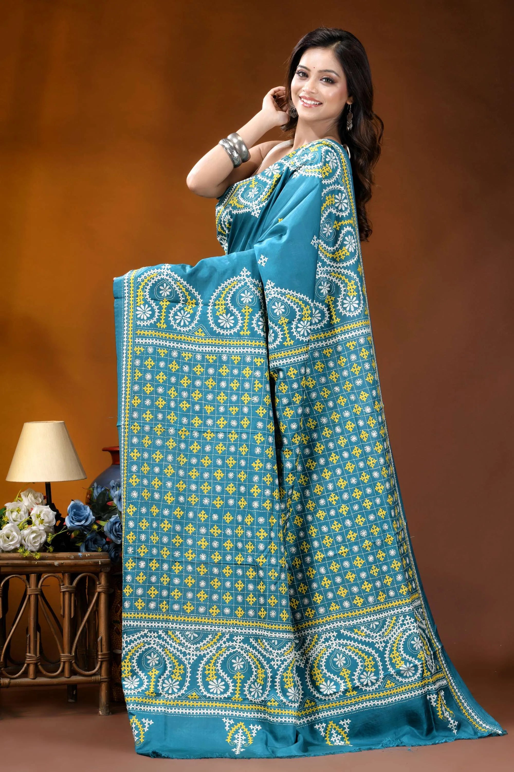 Teal blue multicolor paisley motif handcrafted kutch embroidered silk saree teal silk saree intricate yellow 5