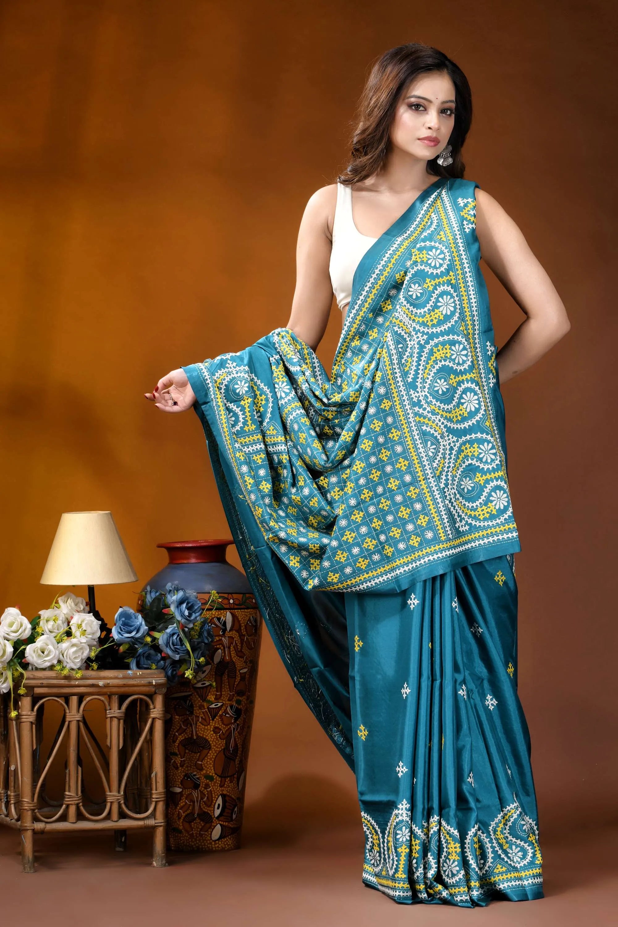 Teal blue multicolor paisley motif handcrafted kutch embroidered silk saree teal silk saree intricate white 6