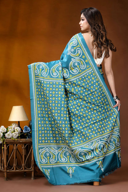 Teal blue multicolor paisley motif handcrafted kutch embroidered silk saree teal silk saree intricate white 4