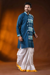 Teal blue pure cotton jamdani kurta for men with geometric design 4