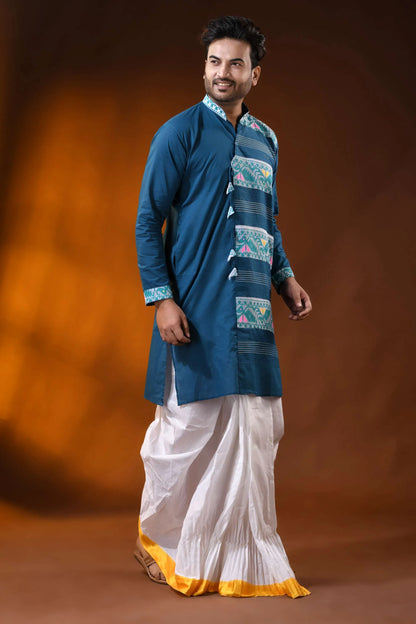 Teal blue pure cotton jamdani kurta for men with geometric design 4