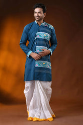 Teal blue pure cotton jamdani kurta for men with geometric design 6