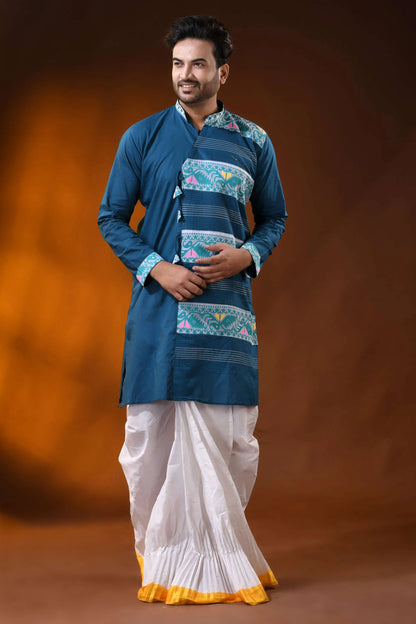 Teal blue pure cotton jamdani kurta for men with geometric design 6