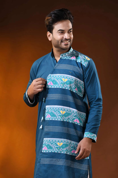 Teal blue pure cotton jamdani kurta for men with geometric design 2