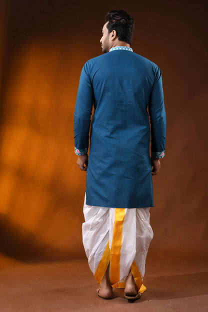 Teal blue pure cotton jamdani kurta for men with geometric design 5