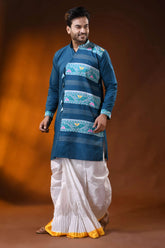 Teal blue pure cotton jamdani kurta for men with geometric design 3