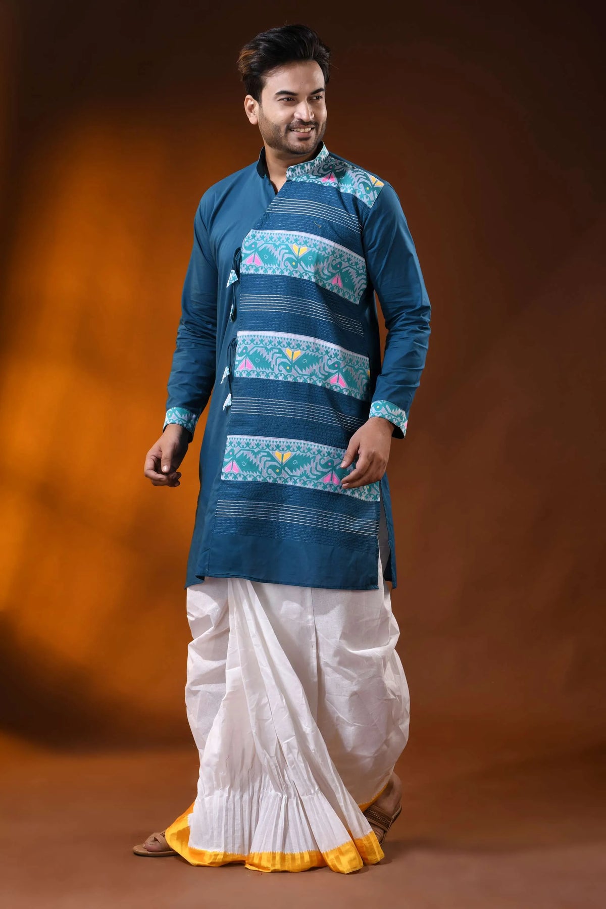 Teal blue pure cotton jamdani kurta for men with geometric design 3