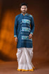 Teal blue pure cotton jamdani kurta for men with geometric design 1