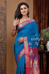 Teal blue silk bomkai saree with zari border - elegant indian ethnic wear woman blue saree pink gold 2